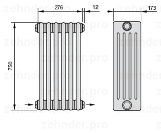 Схема (чертеж) Радиатор Zehnder Charleston 5075/6 №2670 Белый глянцевый RAL 9016